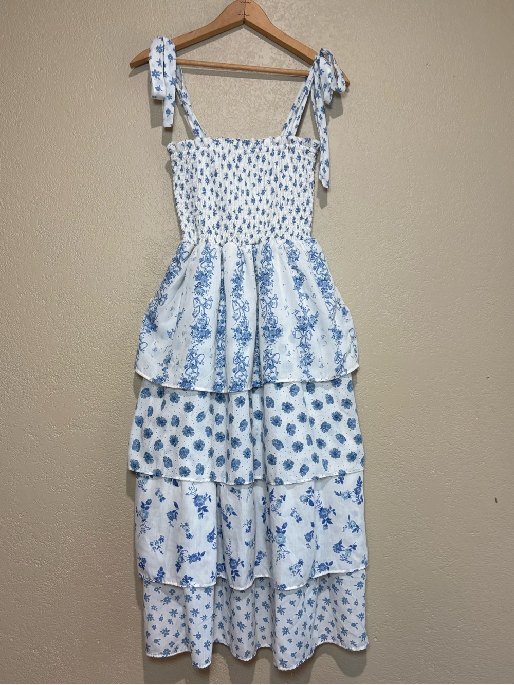 Crystal Doll Blue White Floral PrintTiered Tie-Shoulder Tiered Ruffle Sundress